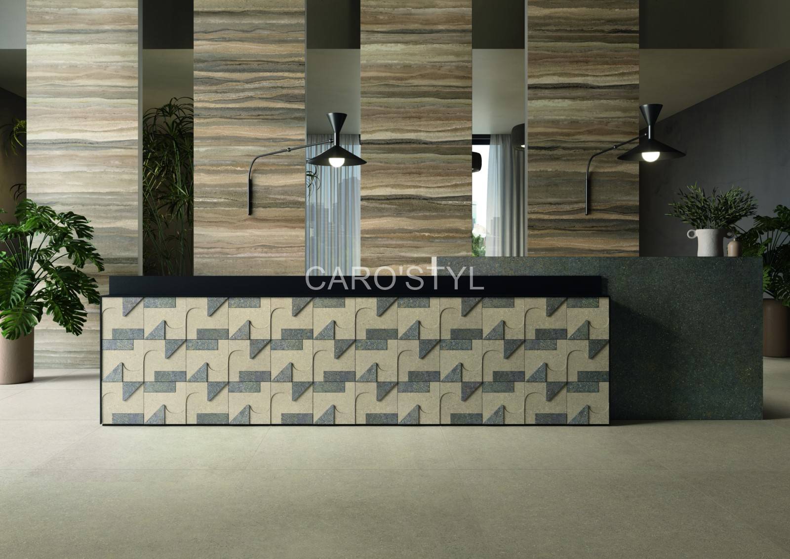 Bar orné de dalles géométriques aux nuances naturelles dans le 83