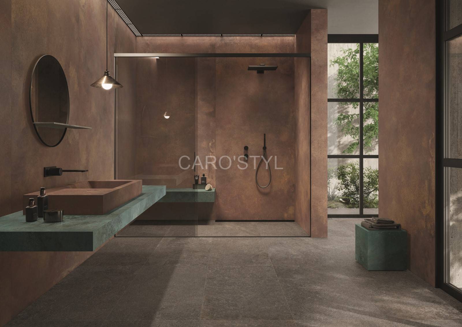 Salle de bain avec double vasque bleu et terre cuite style industriel