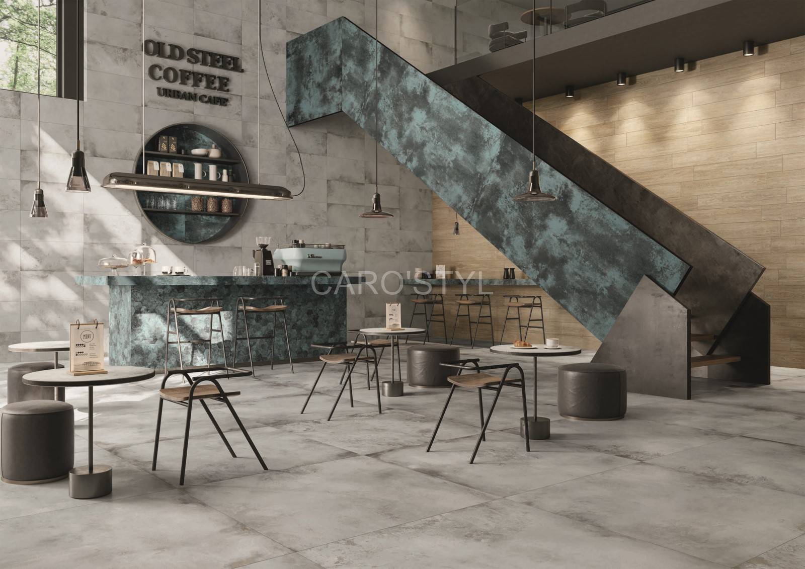 Carreaux bleu navy au style industriel escalier Monaco