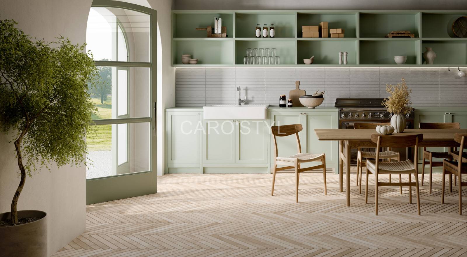 Sol de cuisine avec un carrelage en grès cérame effet brique à Menton 