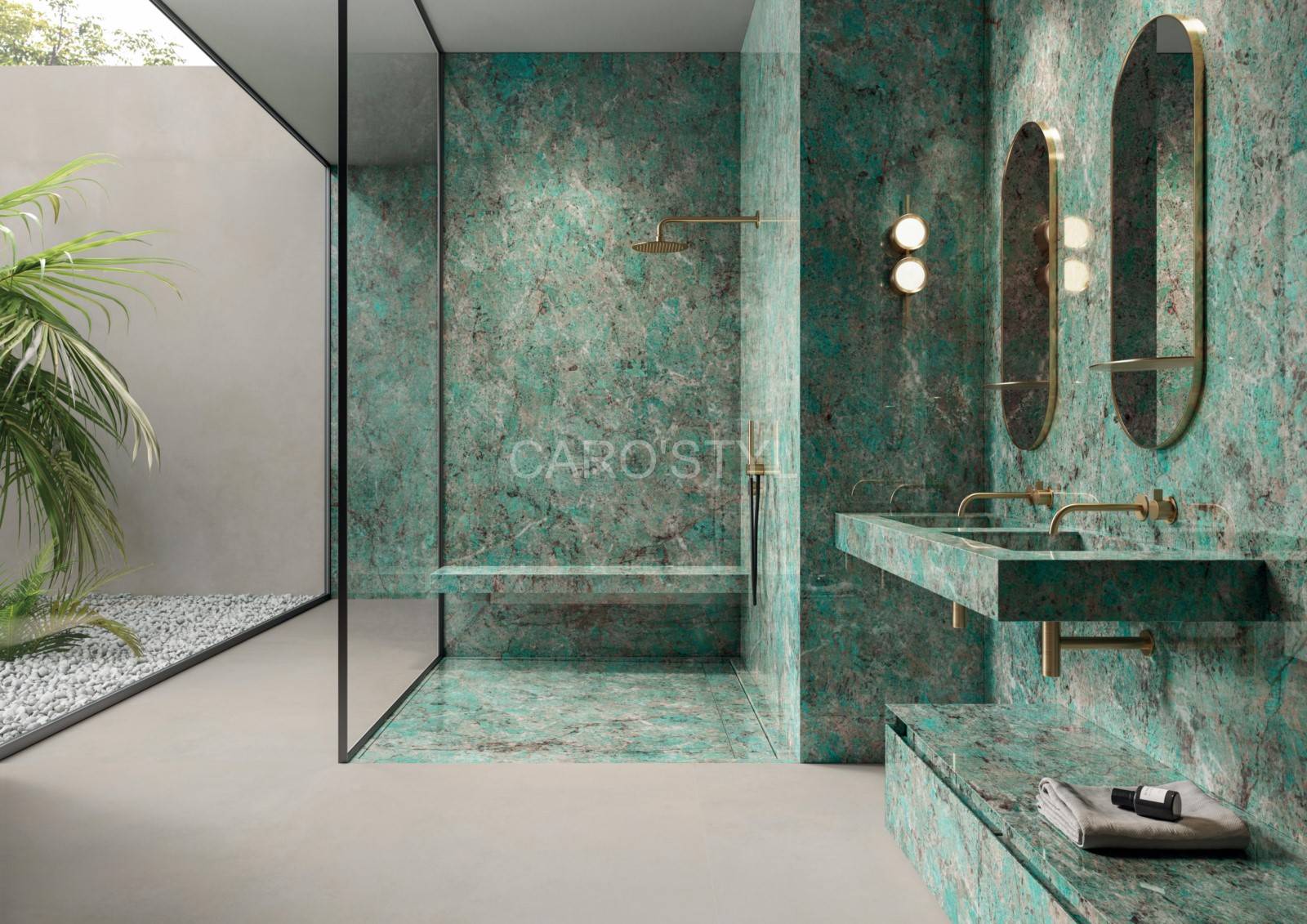 Salle de bain marbre vert Amazzonite à Toulon, carrelage mural Italgraniti Charm Experience moderne et naturel.