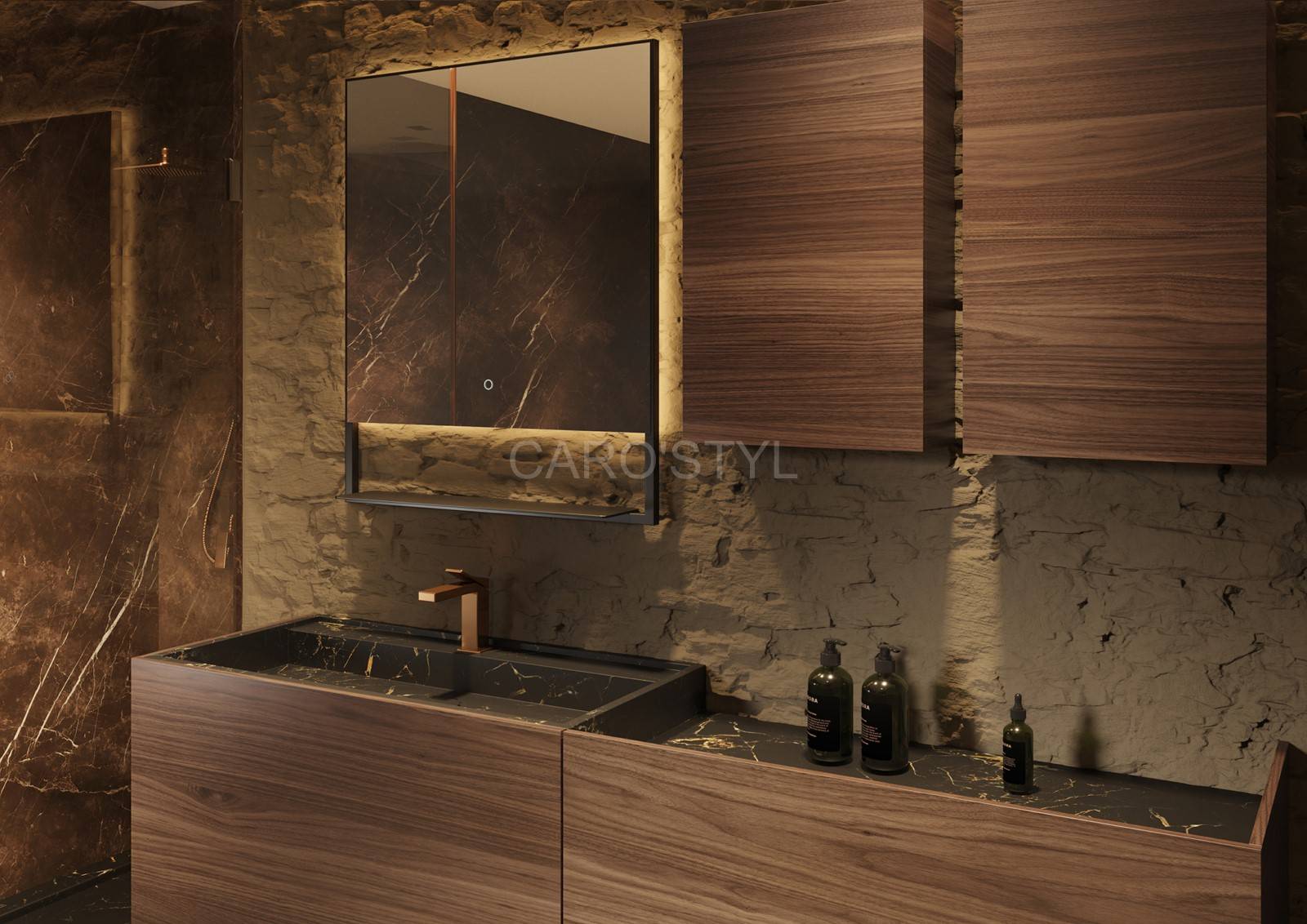 Vasque intégrée en marbre luxueuse dans un meuble en bois 